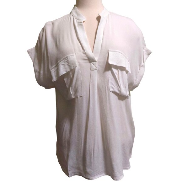 NWT Voy White Rayon Short Sleeve Blouse With Pockets & Mandarin Collar~SMALL - Picture 8 of 8